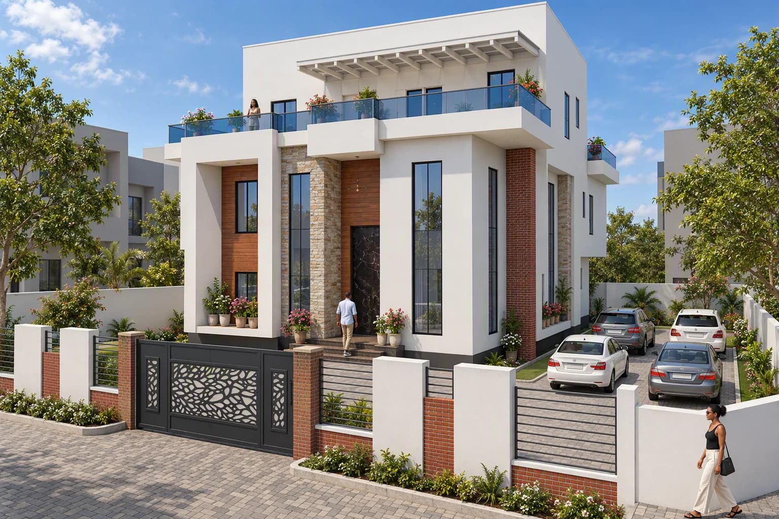 Contemporary residence and entrance rendering