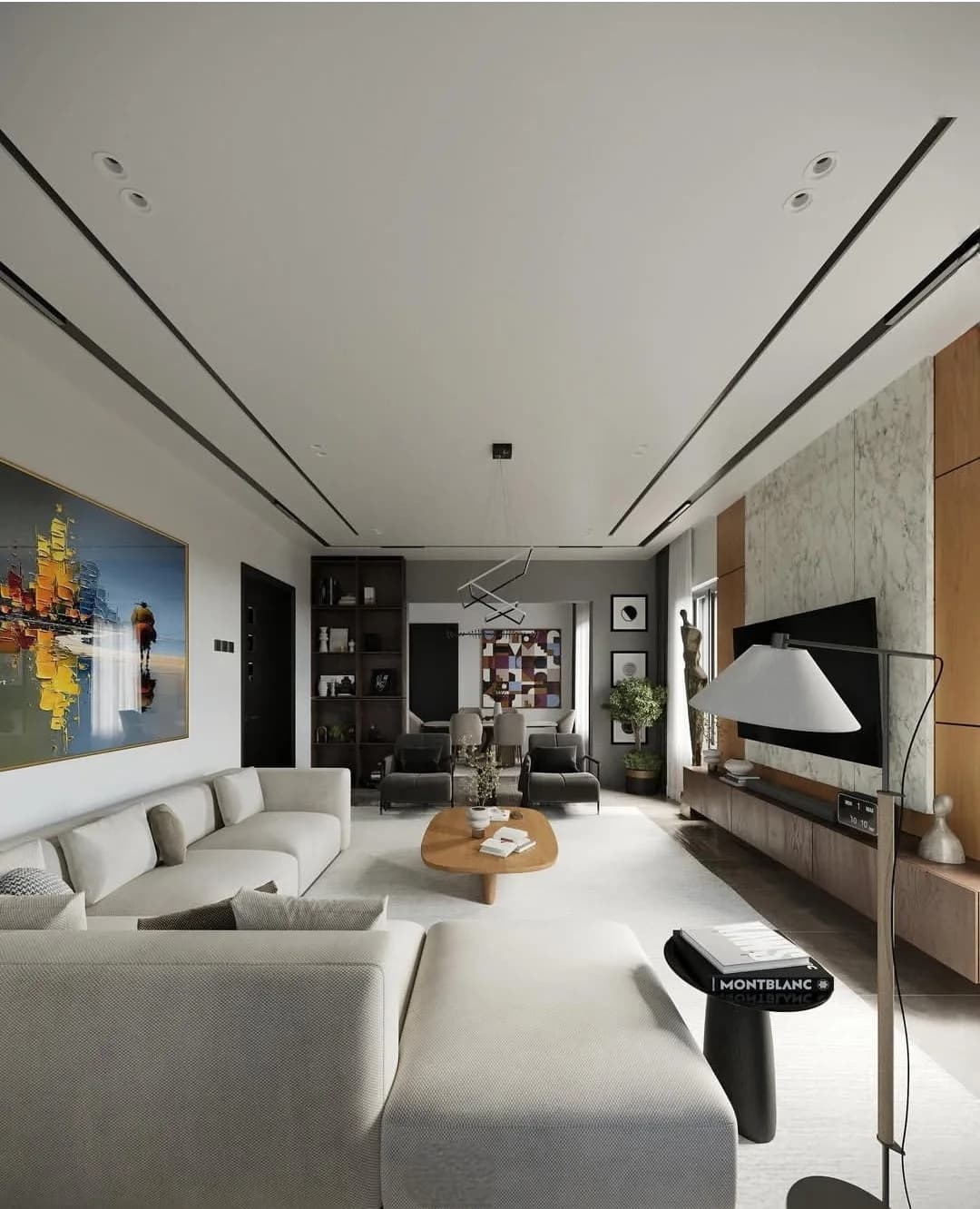Open-plan living room interior rendering