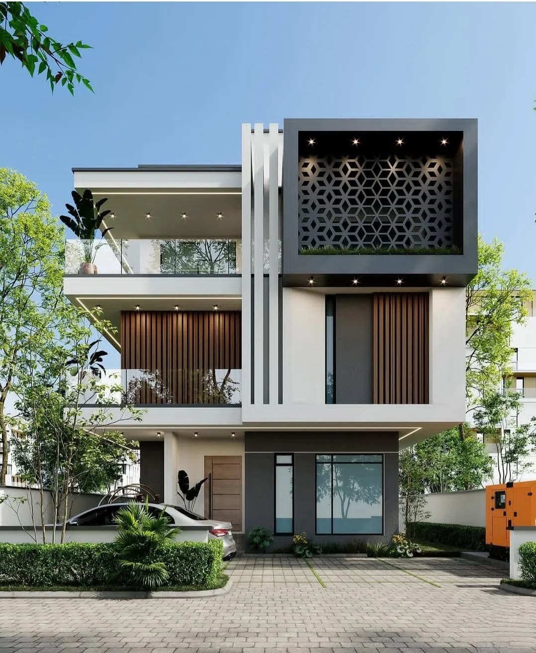 Contemporary residence rendering with screened facade