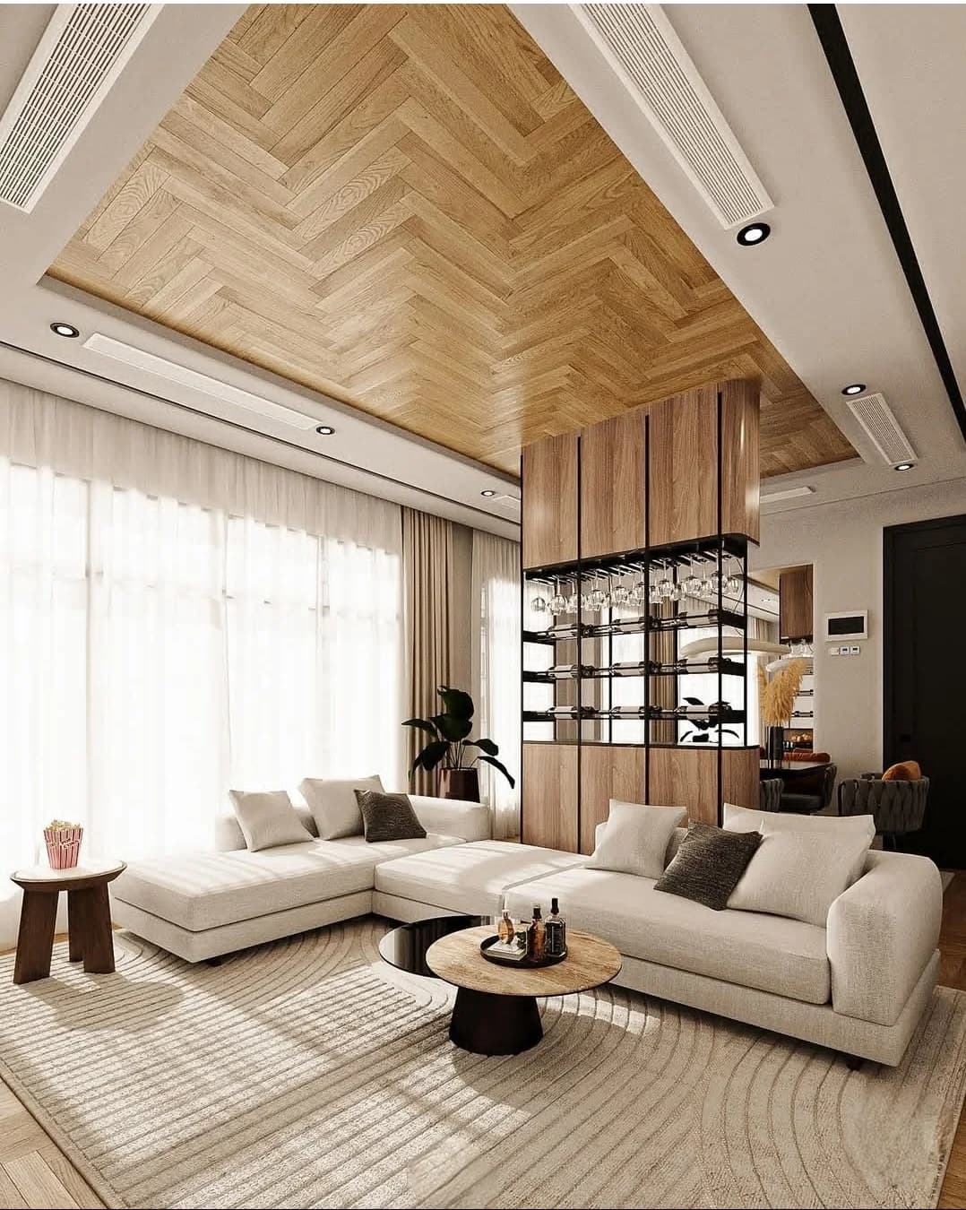 Warm-toned contemporary living room rendering