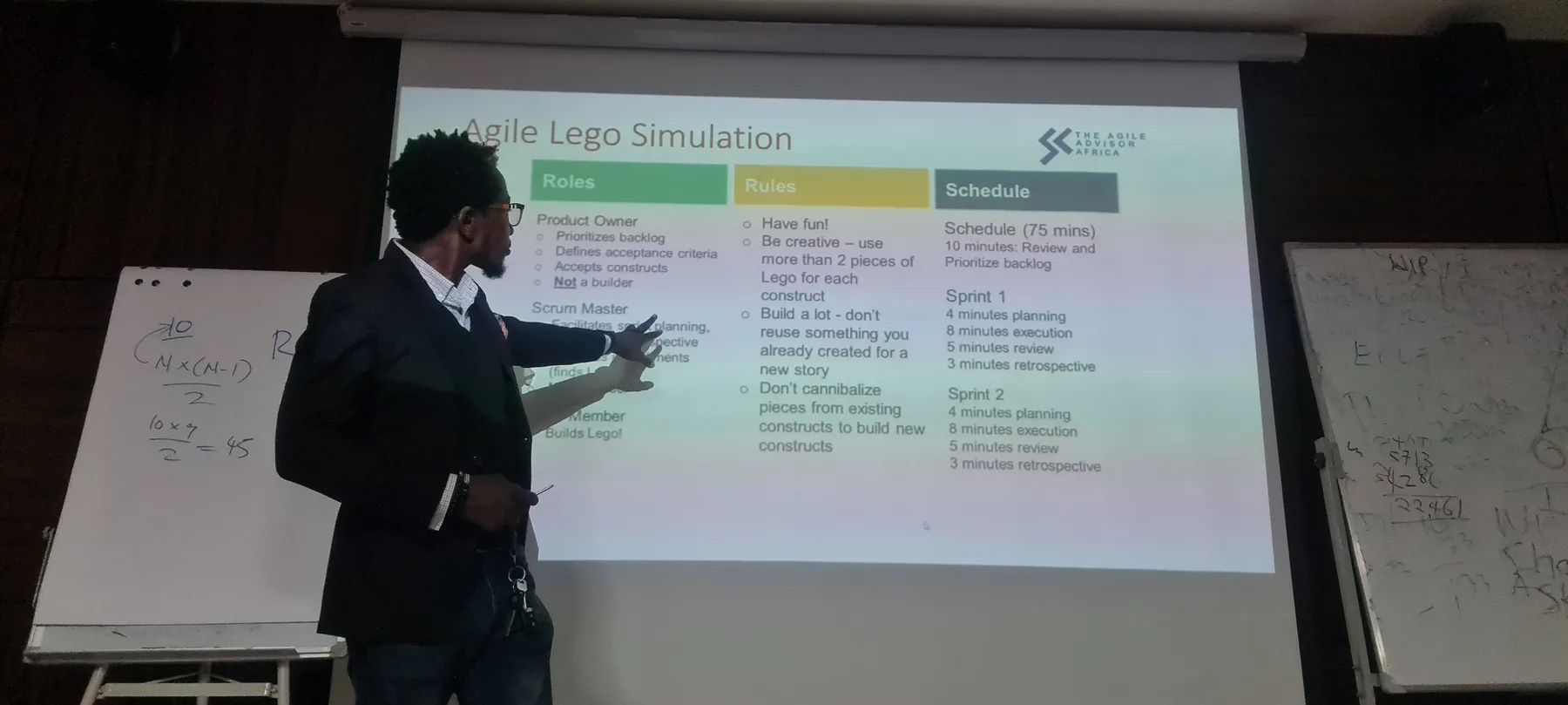 Facilitator briefing participants on an agile team simulation