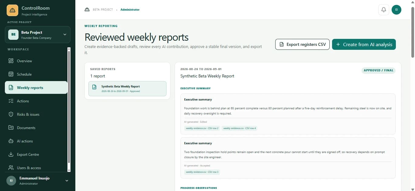 AI Project Controls Copilot reviewed weekly reports