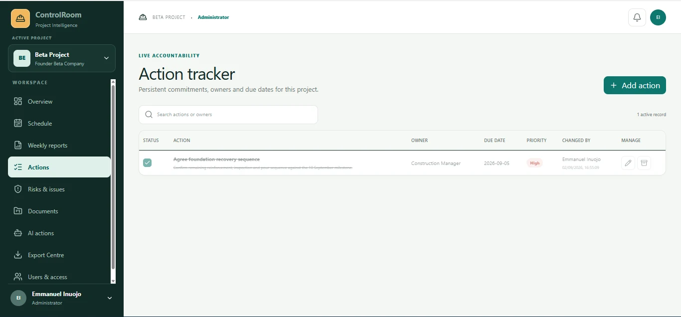 AI Project Controls Copilot action tracker