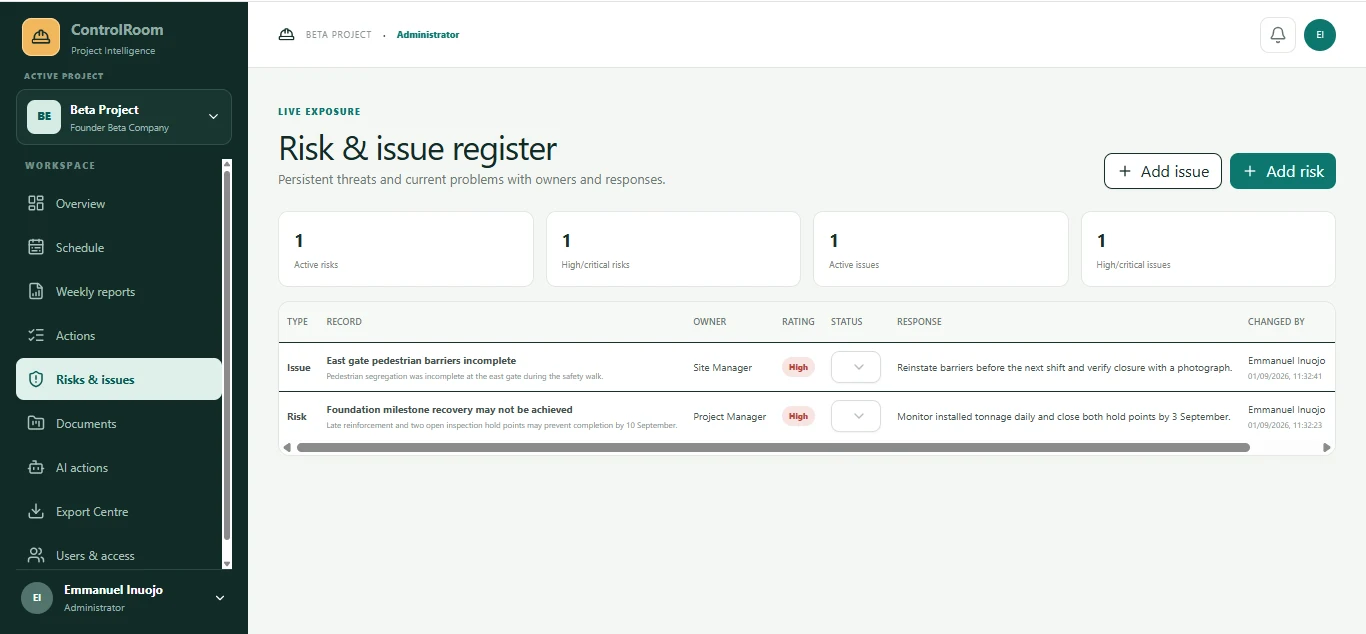 AI Project Controls Copilot risk and issue register