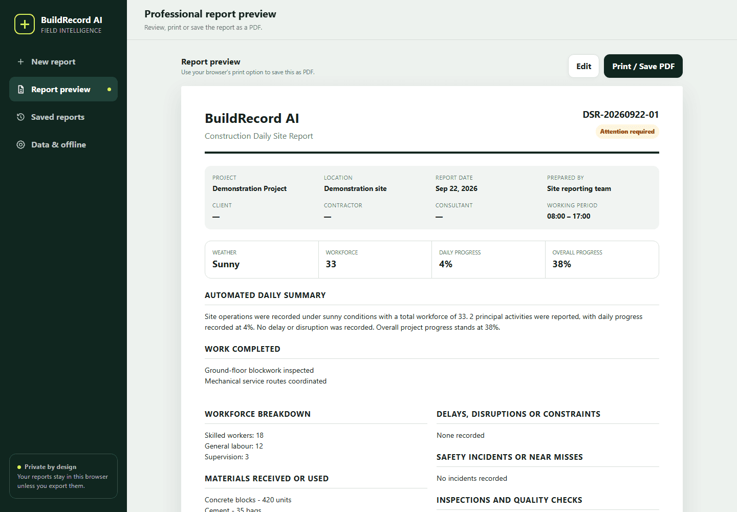 BuildRecord AI generated construction report preview