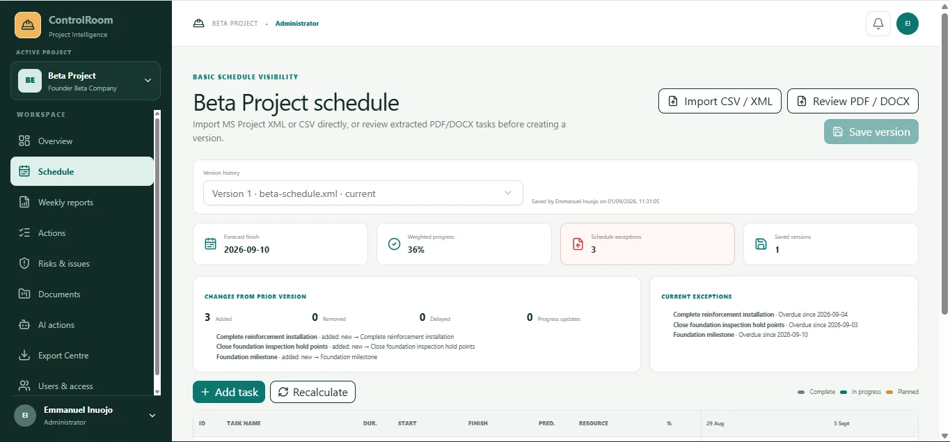 AI Project Controls Copilot beta project schedule