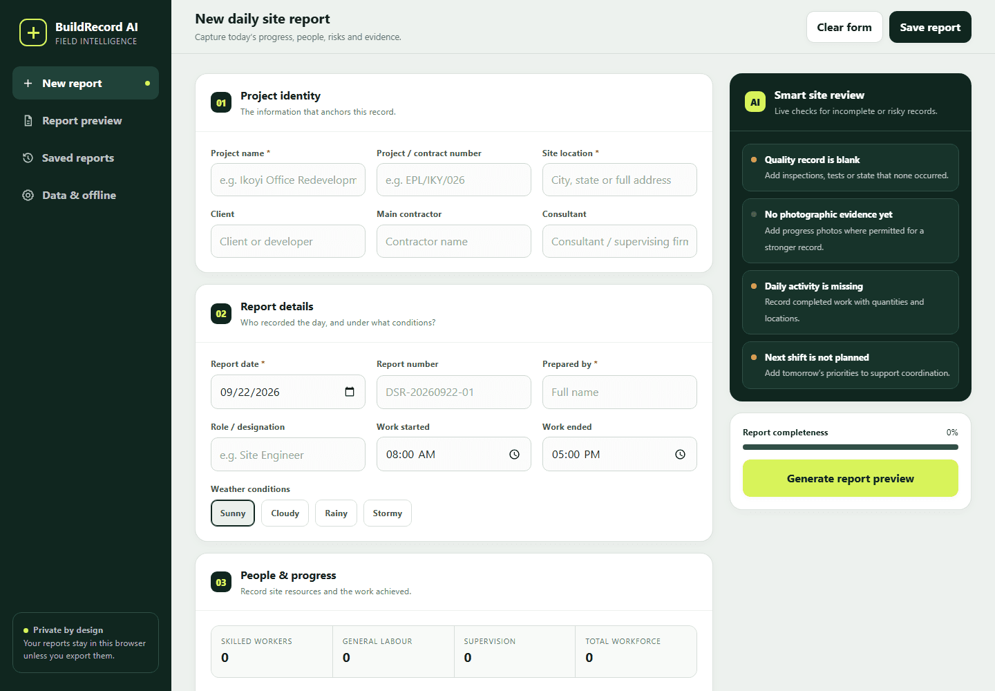 BuildRecord AI structured daily reporting interface
